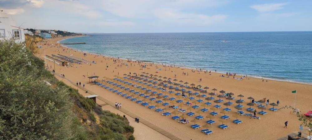 Beach with people relaxing on sunbeds