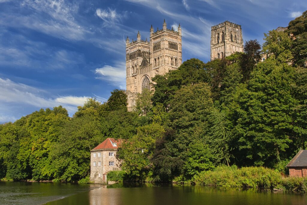 Durham Cathedral view from the river with a blue sky 