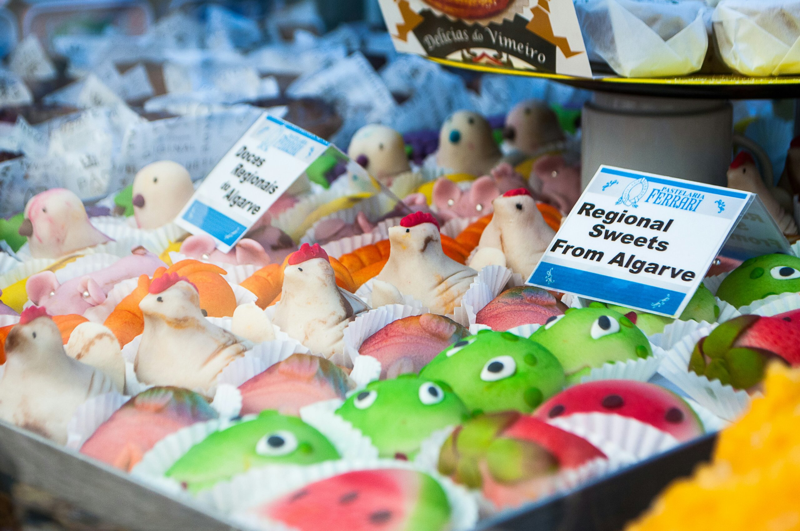 Traditional Albufeira mini-pastries decorated to look like frogs, chickens, and fruits