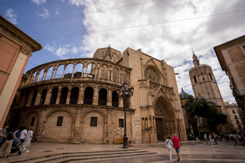 A gothic cathedral with an open-air courtyard