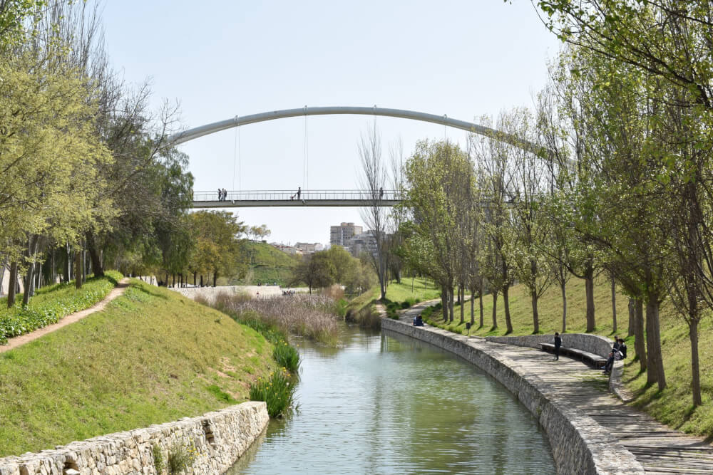 A city park with a small river flowing through the center and a pedestrian bridge. 