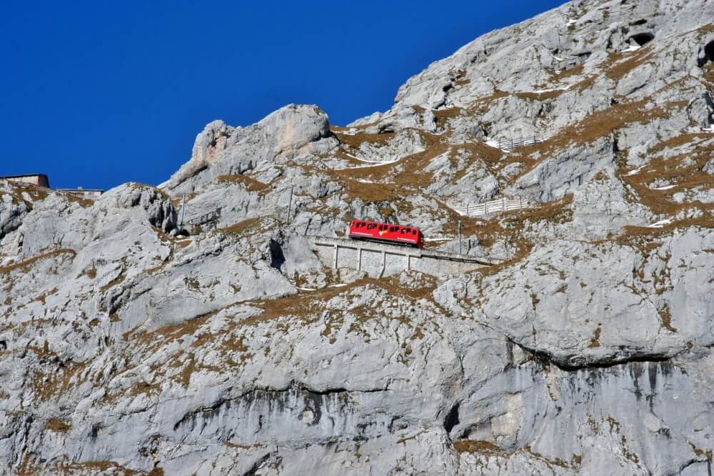 The steepest cogwheel train in the world, going up Mt Pilatus in Switzerland