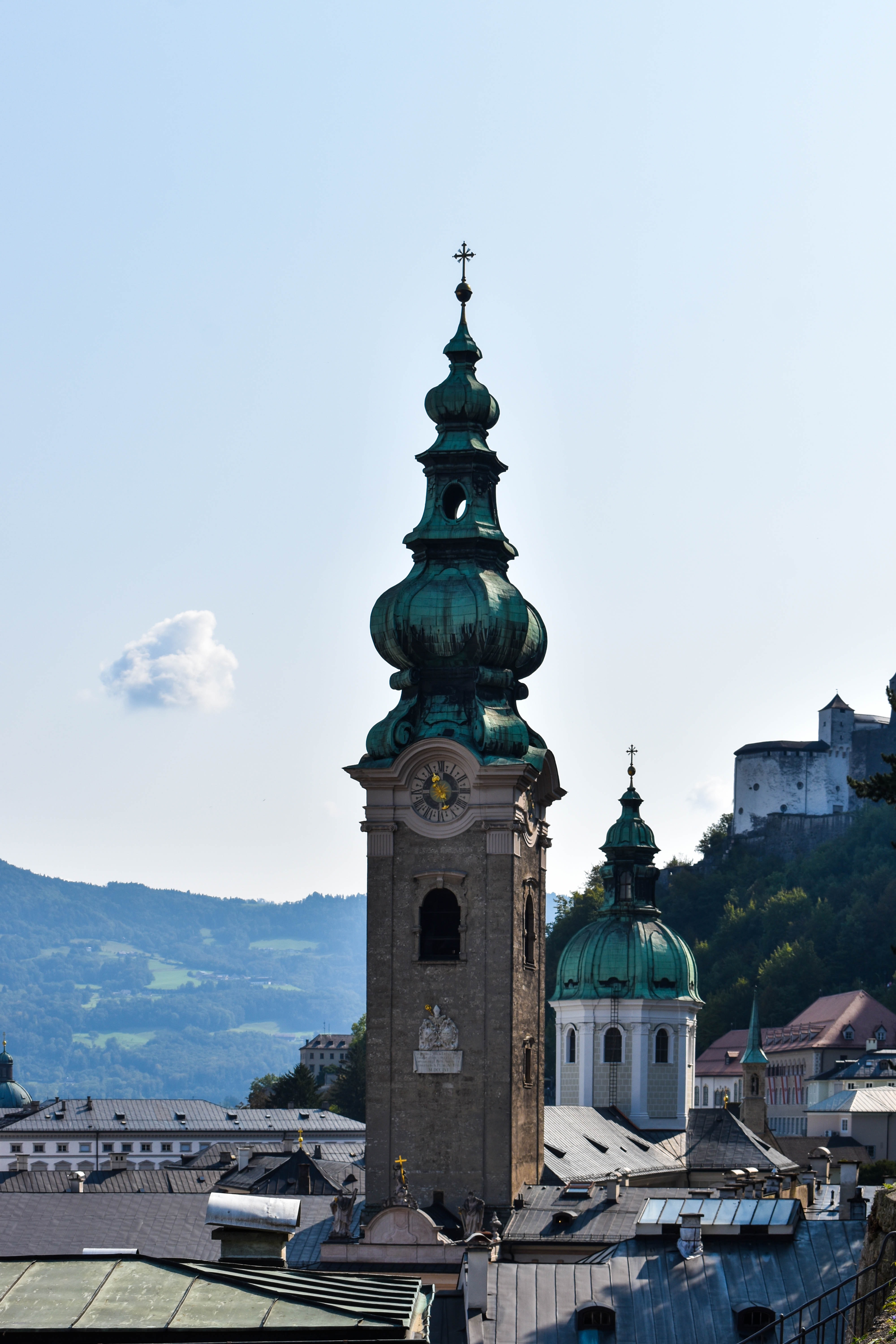 Church steeple close-up in Salzburg, Austria