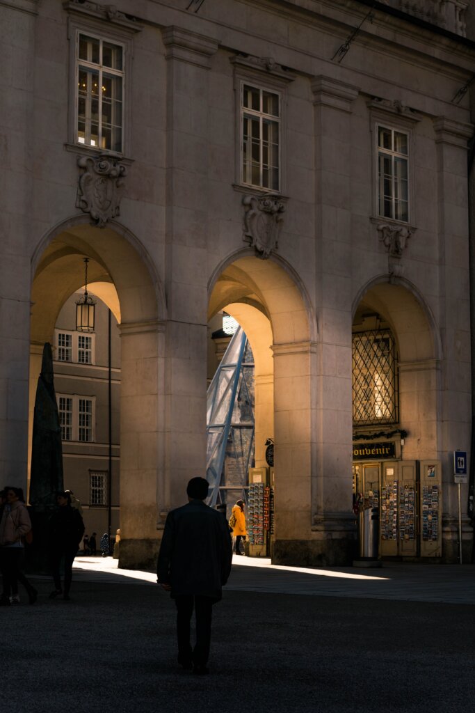 Rays of light passing through arches in the Salzburg Old Town