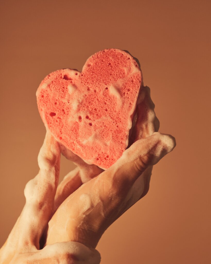 Soapy sponge shaped like a heart