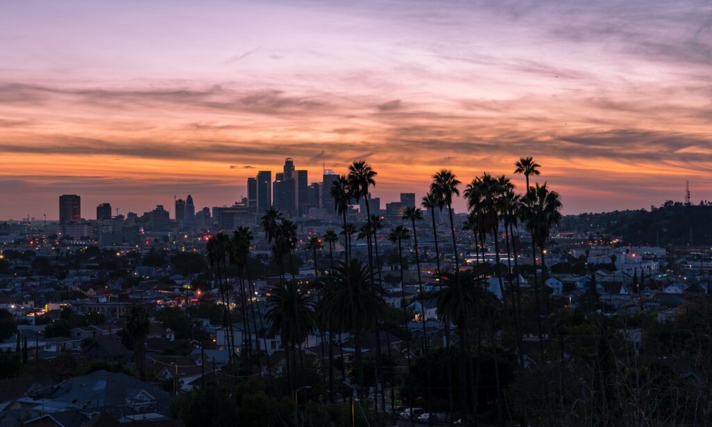 A hilltop view of the Los Angeles cityscape at dusk. 