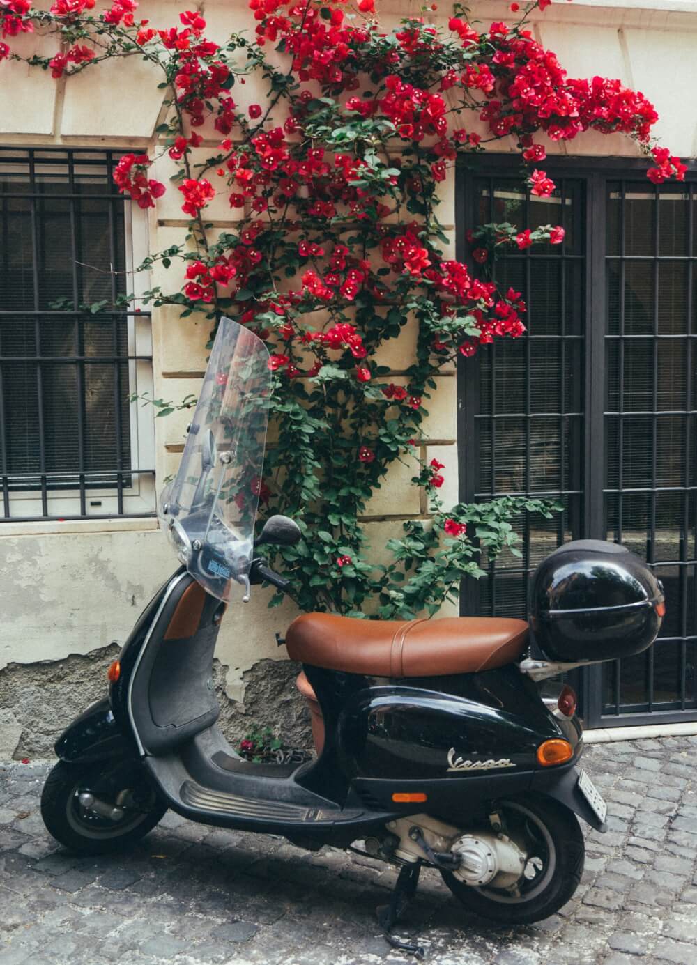 A black Vespa with a brown seat parked in front of a wall with red climbing flowers on it in Rome.