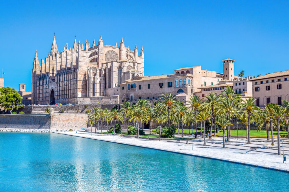 A large gothic cathedral next to palm trees and a blue reflecting pool
