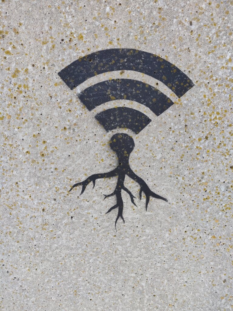 símbolo de Wi-Fi com raízes pintadas numa parede